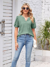 Load image into Gallery viewer, Eyelet Notched Short Sleeve Blouse
