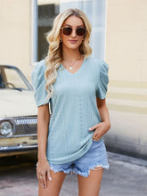 Load image into Gallery viewer, Eyelet V-Neck Puff Sleeve Blouse
