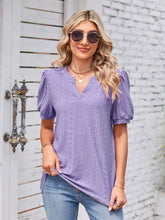 Load image into Gallery viewer, Eyelet Notched Short Sleeve Blouse
