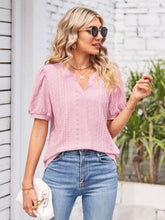 Load image into Gallery viewer, Eyelet Notched Short Sleeve Blouse
