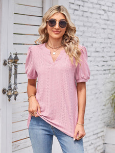Eyelet Notched Short Sleeve Blouse