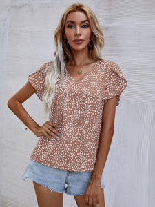 Printed V-Neck Petal Sleeve Blouse