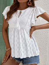 Load image into Gallery viewer, Eyelet Tie Neck Cap Sleeve Blouse
